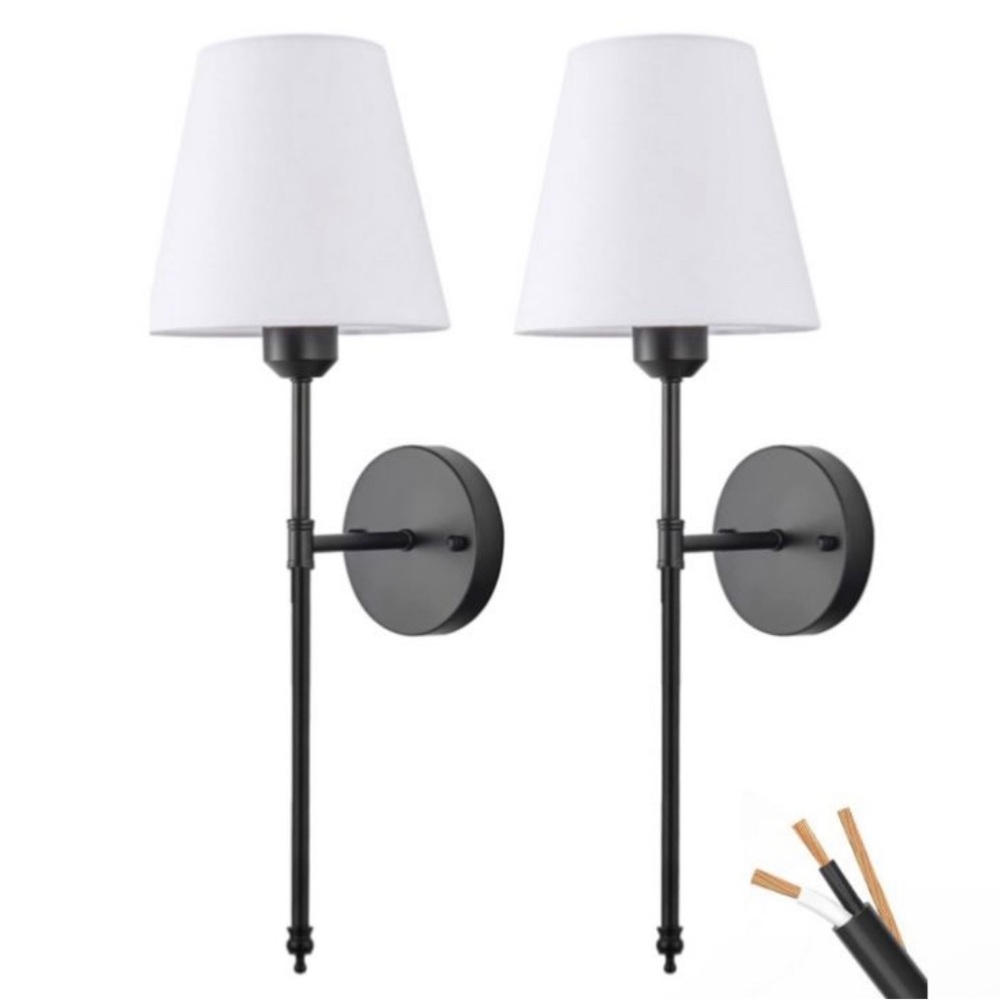 Set of 2 Pack Modern Black Wall Lamp Light Fixture with  White Fabric Shade 7”